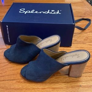 SPLENDID NAVY SUEDE MULES. LIKE NEW IN BOX SIZE 61/2. Worn twice.